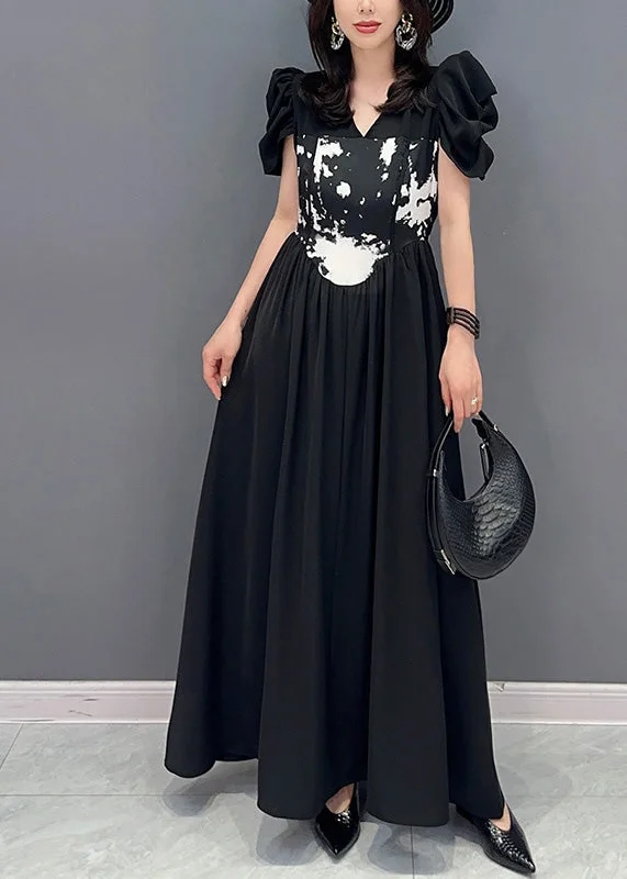 Boutique Black V Neck Print Elastic Waist Maxi Dress Short Sleeve Trendy Floral Print Maxi Dress