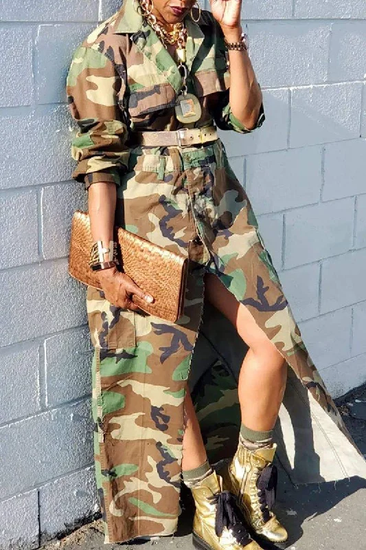 CASUAL ARMY GREEN CAMOUFLAGE PRINT HIGH SLIT MAXI DRESS WITHOUT BELT Comfortable Satin Maxi Dress CASUAL ARMY GREEN CAMOUFLAGE PRINT HIGH SLIT MAXI DRESS WITHOUT BELT Comfortable Satin Maxi Dress