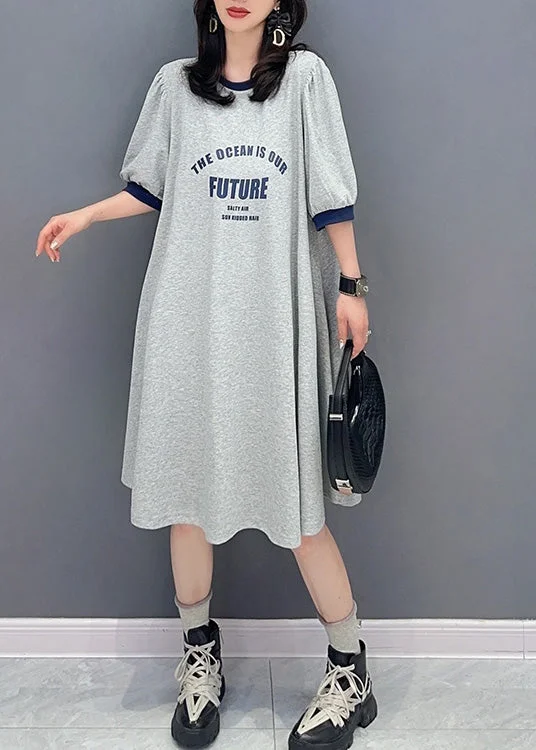 Casual Grey O-Neck Graphic Print Maxi Dress Summer Classic Black Maxi Dress