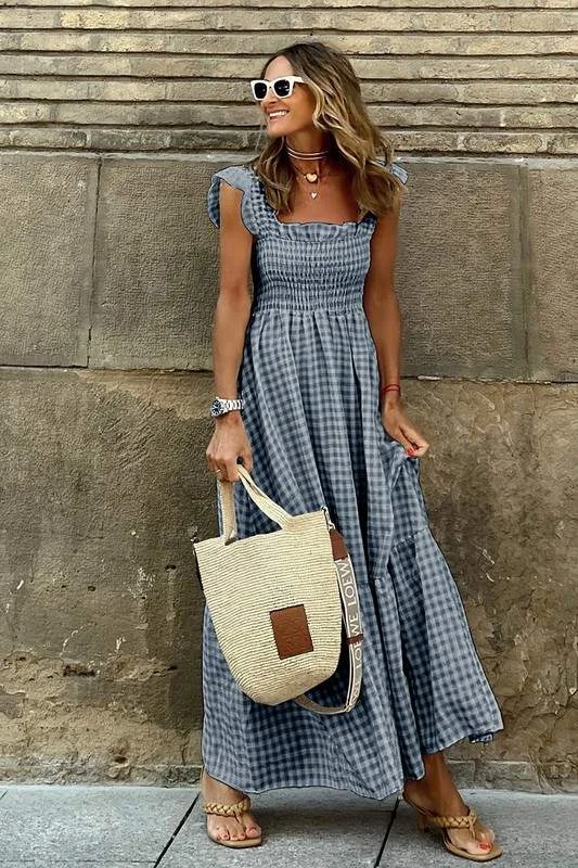 CHECKERED RUFFLE MAXI DRESS Elegant Maxi Dress with Lace