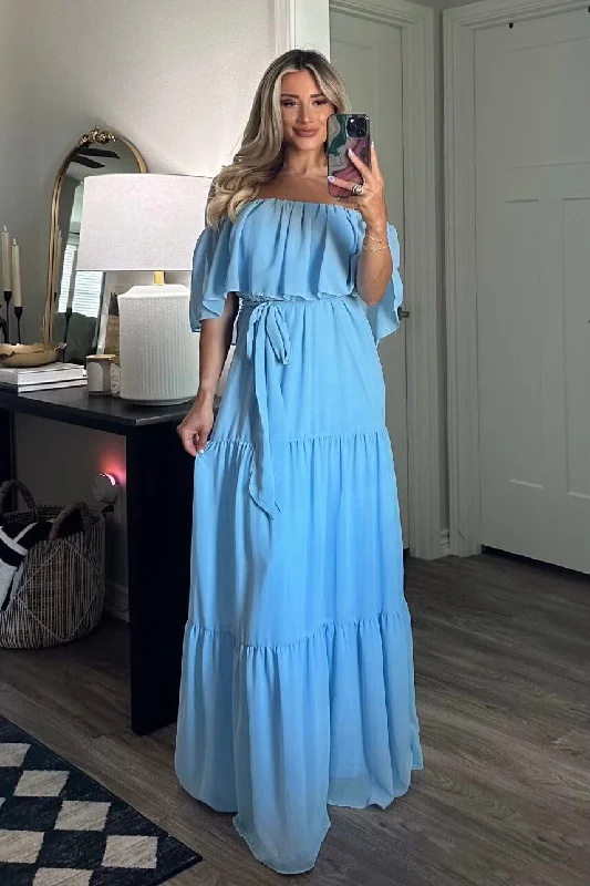 Chesney Off Shoulder Maxi Dress: Blue Cozy Maxi Dress with Slit