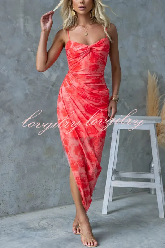 Saloni Mesh Floral Print Twist Ruched Detail Irregular Hem Stretch Maxi Dress Fashionable Sleeveless Maxi Dress Saloni Mesh Floral Print Twist Ruched Detail Irregular Hem Stretch Maxi Dress Fashionable Sleeveless Maxi Dress