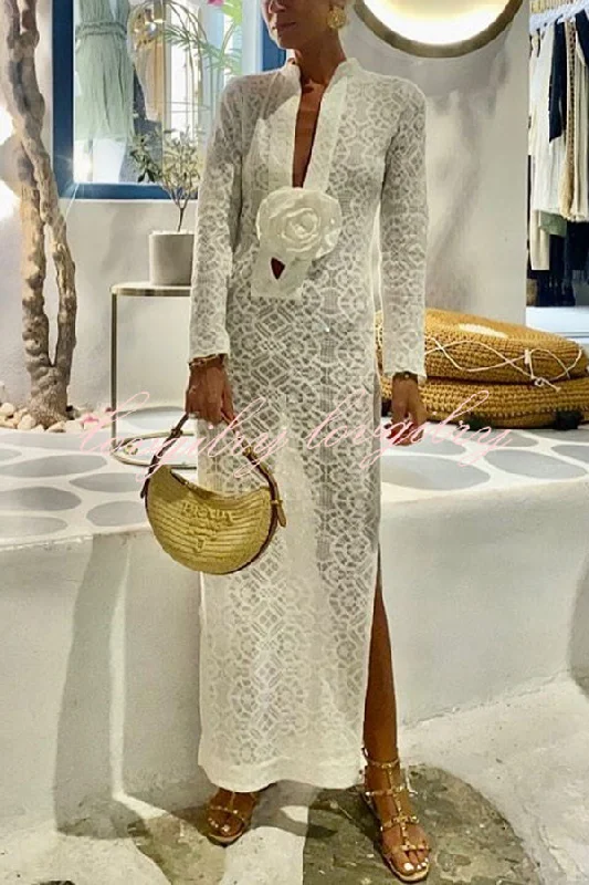 Spanish Breeze Lace Deep V-neck Removable Flowers Long Sleeve Slit Vacation Maxi Dress Trendy Maxi Dress with Straps Spanish Breeze Lace Deep V-neck Removable Flowers Long Sleeve Slit Vacation Maxi Dress Trendy Maxi Dress with Straps