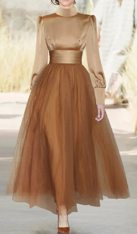 DOUBLE LAYER MESH SATIN LONG SLEEVE MAXI DRESS Cozy Longline Maxi Dress