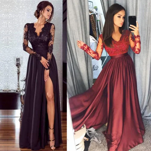 Elegant Ladies Women Sexy Long Sleeve High Waist Lace Slim Fit V Neck Party Formal Split Maxi Dress Black/Wine Red Casual Maxi Dress with Pockets Elegant Ladies Women Sexy Long Sleeve High Waist Lace Slim Fit V Neck Party Formal Split Maxi Dress Black/Wine Red Casual Maxi Dress with Pockets