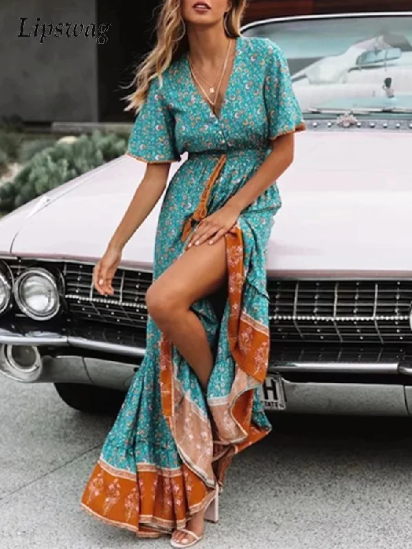 Elegant Lady Beach Long Dress Vintage Floral Printing Short Sleeve Party Dresses Spring Summer Women Casual V-Neck Maxi Dresses Stylish Longline Maxi Dress