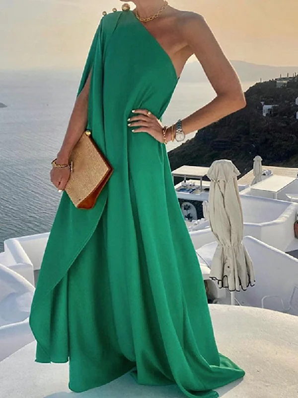Elegant Solid One Shoulder Big Hem Dress Summer Fashion Skew Collar Backless Beach Dresses Women Irregular Loose Slit Maxi Dress Trendy A-Line Maxi Dress Elegant Solid One Shoulder Big Hem Dress Summer Fashion Skew Collar Backless Beach Dresses Women Irregular Loose Slit Maxi Dress Trendy A-Line Maxi Dress