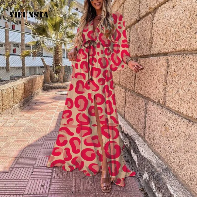 Elegant V-neck Long Sleeve Women's 2023 Spring Autumn Maxi Dress Bandage Flowers Leopard Printing Sexy Split Fork Dress Vestido Classic Tulle Maxi Dress Elegant V-neck Long Sleeve Women's 2023 Spring Autumn Maxi Dress Bandage Flowers Leopard Printing Sexy Split Fork Dress Vestido Classic Tulle Maxi Dress