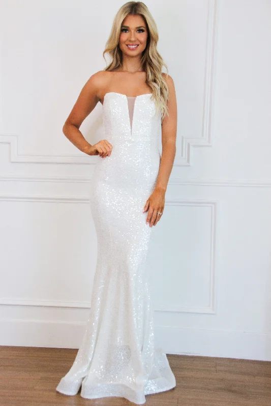 Evermore Strapless Sequin Maxi Dress: White Elegant Velvet Maxi Dress