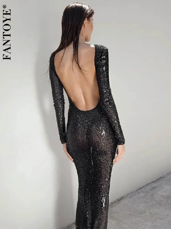 Fantoye Sexy Backless Sequins Maxi Dress For Women Black Long Sleeve Solid Elegant Dress Women Spring Slim Party Evening Clothes Classic V-Neck Maxi Dress Fantoye Sexy Backless Sequins Maxi Dress For Women Black Long Sleeve Solid Elegant Dress Women Spring Slim Party Evening Clothes Classic V-Neck Maxi Dress