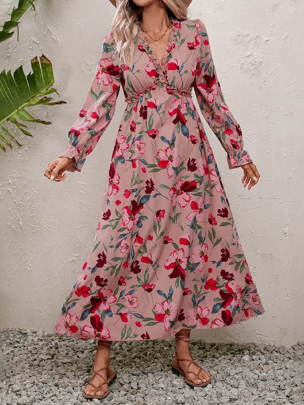 Floral Frill Trim V-Neck Maxi Dress Cozy Cold-Shoulder Maxi Dress