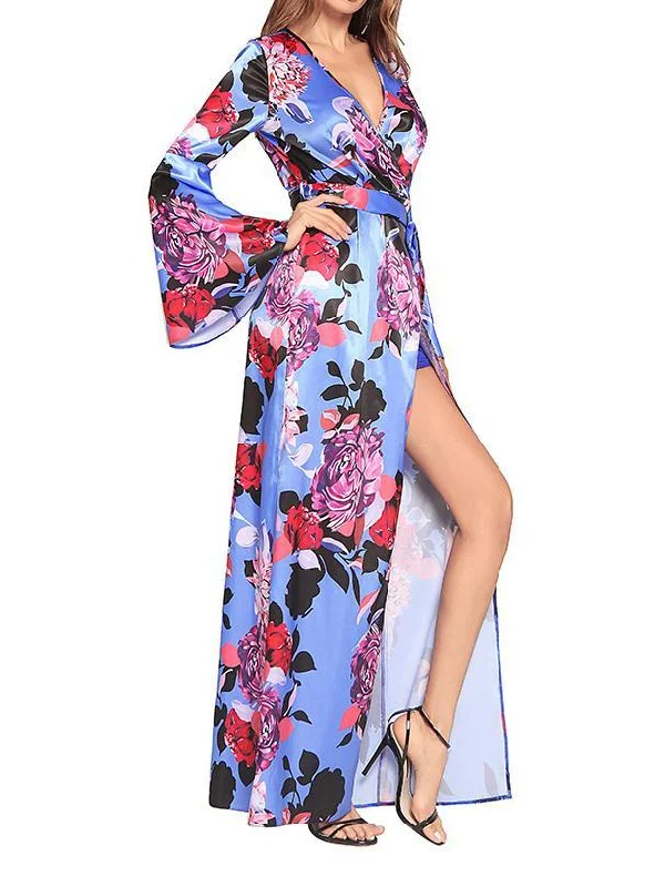 Flower V Neck Long Sleeve Split Maxi Dress Fashionable Sheer Maxi Dress