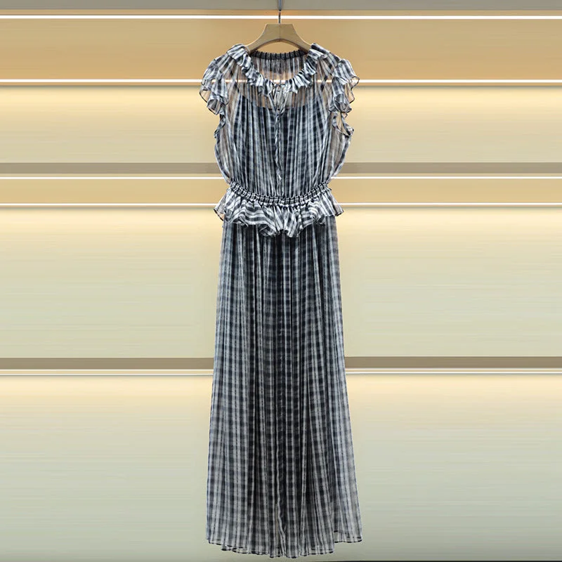 Fungus Collar Ruffle Tie Bow Plaid Maxi Dress Trendy Printed Maxi Dress