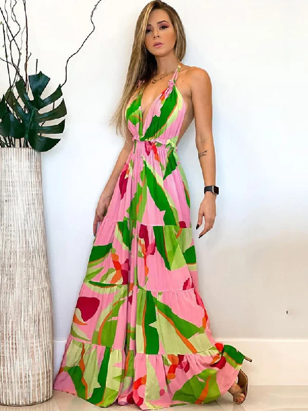 Halter Neck Backless Floral Print Maxi Dressses Stylish V-Neck Maxi Dress