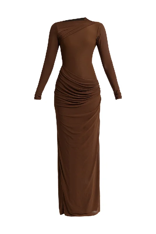 HENA CHOCOLATE BROWN MAXI DRESS Elegant Silk Maxi Dress