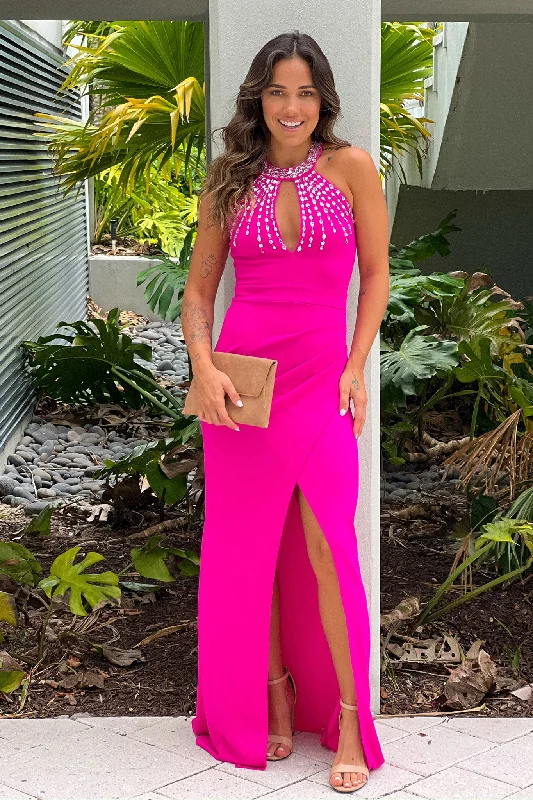 Hot Pink Halter Neck Maxi Dress With Rhinestone Stylish A-Line Maxi Dress