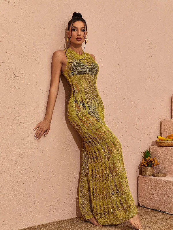 Julieta Hollow Knitted Maxi Dress In Green Trendy Ruffled Maxi Dress