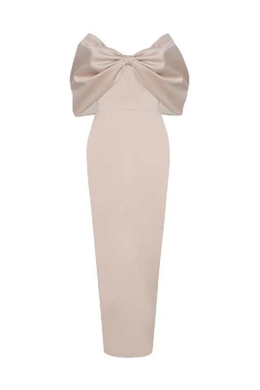 KARA BEIGE OFF-SHOULDER PENCIL MAXI DRESS Classic V-Neck Maxi Dress