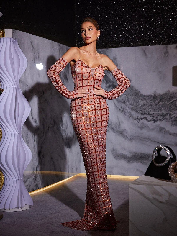 Kieran Rhinestone Mesh Maxi Dress Elegant Lace-Up Maxi Dress