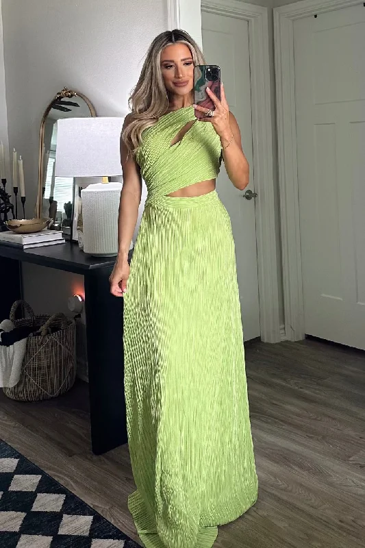 Kristen One Shoulder Cutout Pleated Maxi Dress: Bright Lime Chic Button-Up Maxi Dress Kristen One Shoulder Cutout Pleated Maxi Dress: Bright Lime Chic Button-Up Maxi Dress