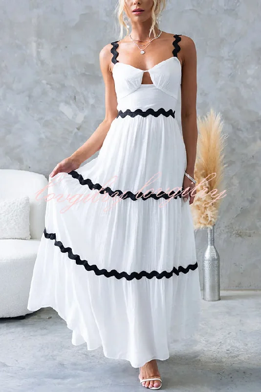 Qaia Ric Rac Trims Cutout Bust Layered Slip Maxi Dress Elegant Lace Maxi Dress
