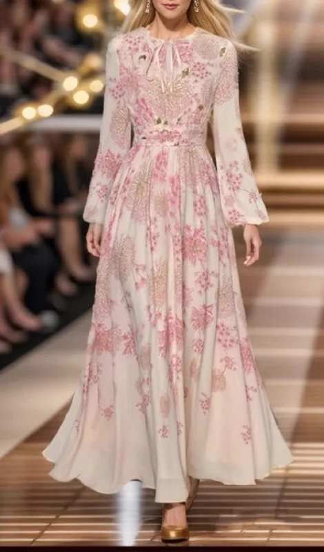 LACE-UP LANTERN SLEEVE FLOWERS PRINT MAXI DRESS Comfortable Maxi Dress with Belt