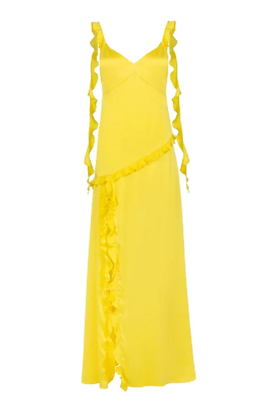 LEMON YELLOW RUFFLED SILK MAXI DRESS Fashionable Chiffon Tiered Maxi Dress