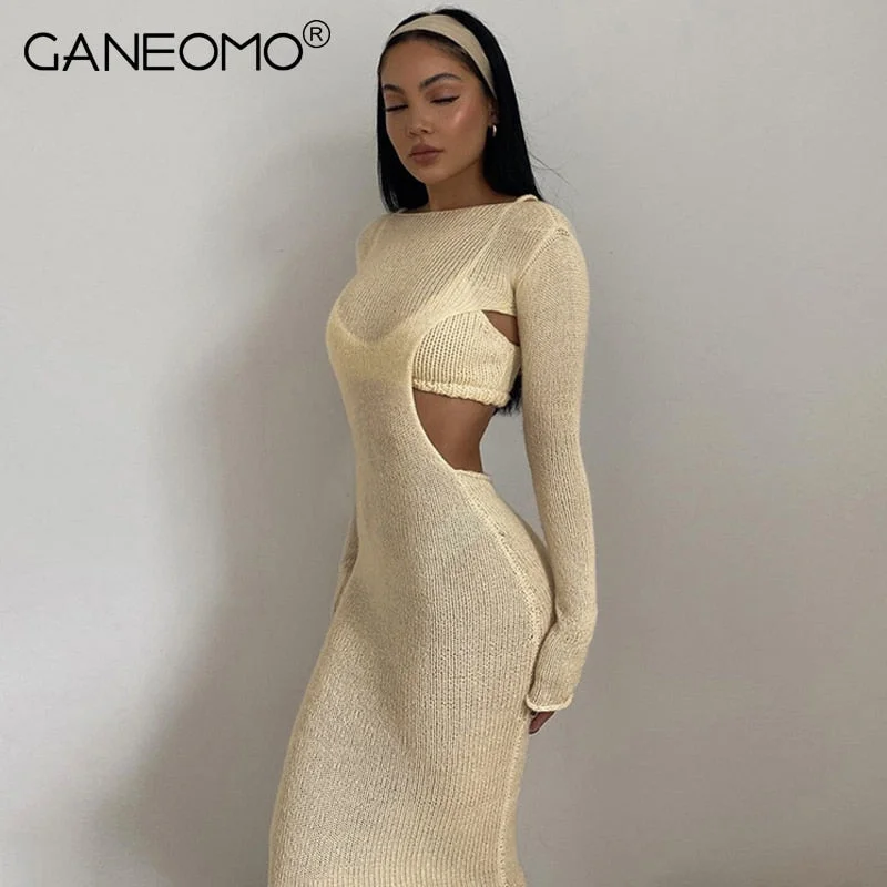 Long Sleeve Knitted Maxi Dress for Women 2023 Spring Sexy Bodycon Cut Out Party Club Tight Long Dresses Elegant Black Clothing Cozy Knit Maxi Dress