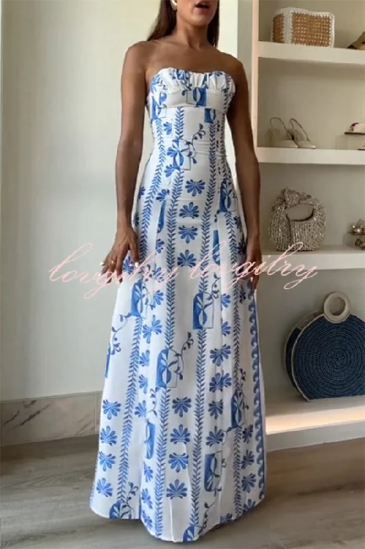 Freya Linen Blend Floral Wave Print Ruched Bust Strapless Maxi Dress Elegant Pleated Maxi Dress Freya Linen Blend Floral Wave Print Ruched Bust Strapless Maxi Dress Elegant Pleated Maxi Dress