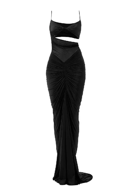 LUCY BLACK FITTED RUCHED MAXI DRESS Trendy A-Line Maxi Dress