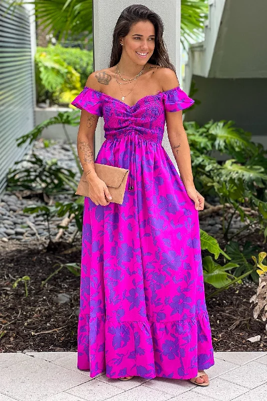 Magenta Printed Off Shoulder Maxi Dress Trendy A-Line Maxi Dress