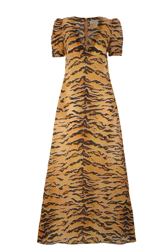 Matchmaker Short Sleeve Maxi Dress | Tan Tiger Trendy Maxi Dress with Bow