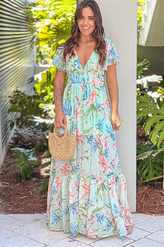 Mint Floral V-Neck Maxi Dress With Open Back Elegant Floral Maxi Dress