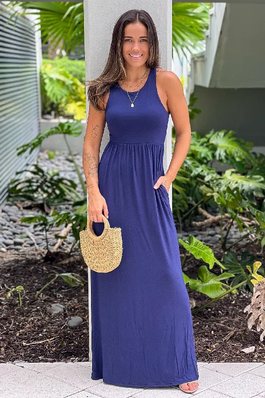 Navy Maxi Dress with Pockets Fashionable High-Waist Maxi Dress