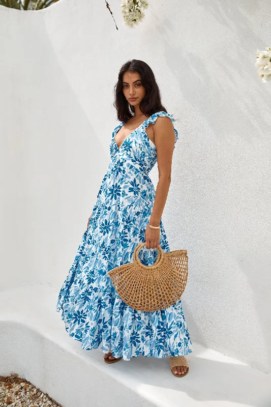 Nightfall Blooms Maxi Dress Blue Casual Maxi Dress with Pockets