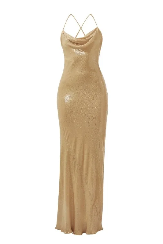 OCEANA NUDE BEIGE SEQUIN MAXI DRESS Comfortable Satin Maxi Dress