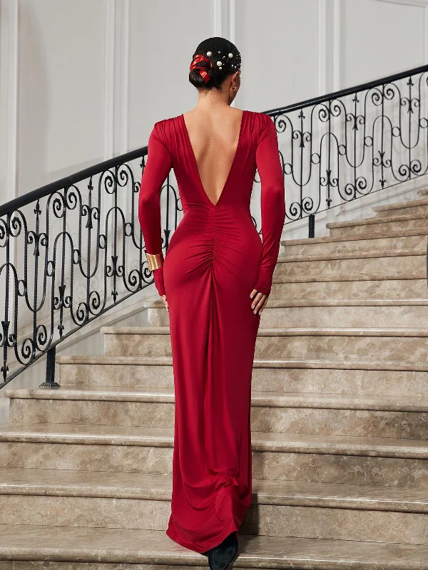 Ofir V Neck Ruched Maxi Dress In Wine Stylish Long Sleeve Maxi Dress
