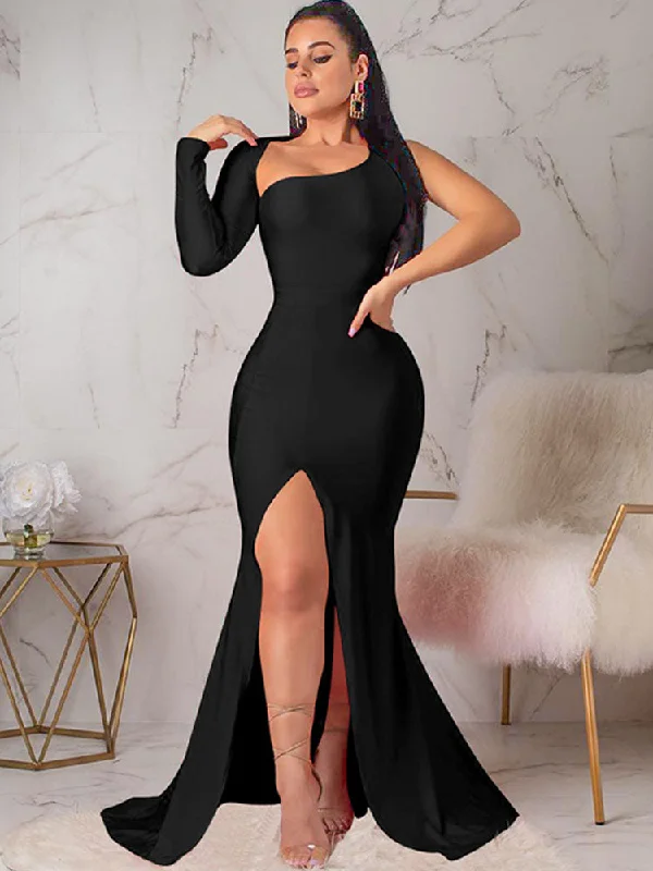 One Shoulder Split Backless Maxi Dresses Stylish Maxi Dress with Frills