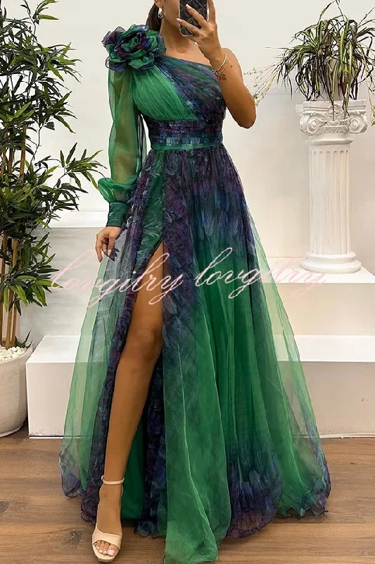 Guest List Tulle Printed Flower Pendant One Shoulder Pleated Slit Maxi Dress Chic Sleeveless Maxi Dress Guest List Tulle Printed Flower Pendant One Shoulder Pleated Slit Maxi Dress Chic Sleeveless Maxi Dress