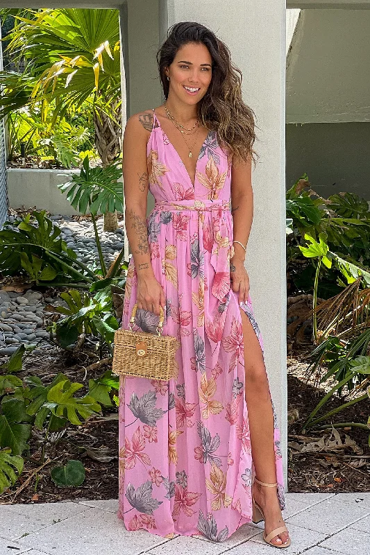 Pink Printed Maxi Dress With Slit Stylish Off-Shoulder Maxi Dress