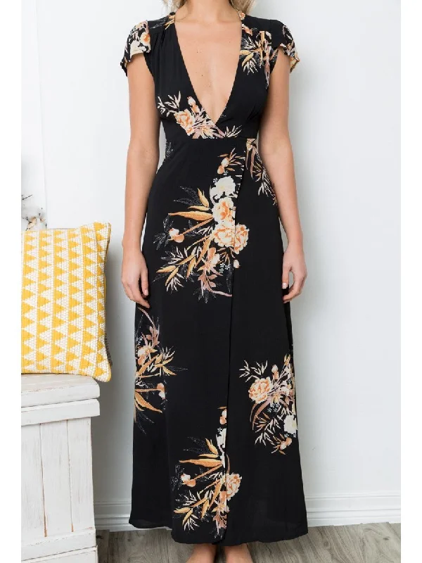 Print V Neck Short Sleeve Split Maxi Dress Stylish V-Neck Maxi Dress