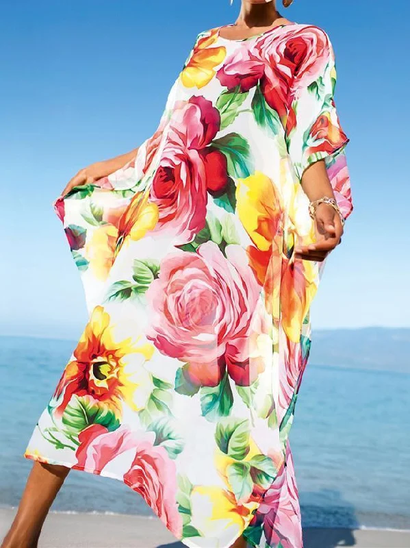 Printed Loose Casual Beach Maxi Dress Comfortable Plunging Neckline Maxi Dress