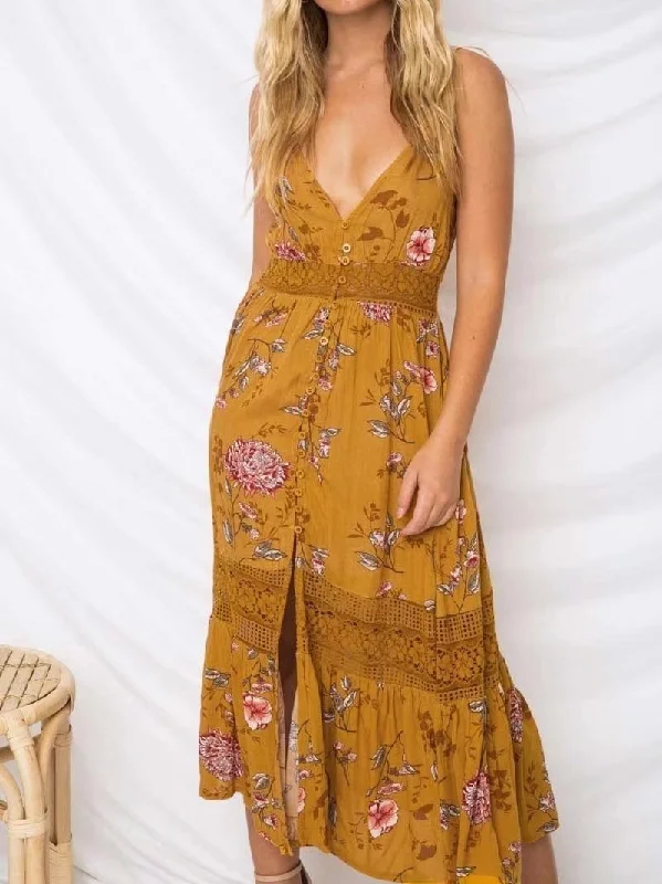 Printed Spaghetti Strap Backless Beach Bohemia Maxi Dress Cozy Knit Maxi Dress