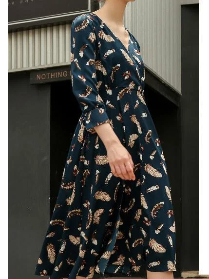 Printed V Neck Long Sleeve Beach Maxi Dress Comfortable Casual Maxi Dress