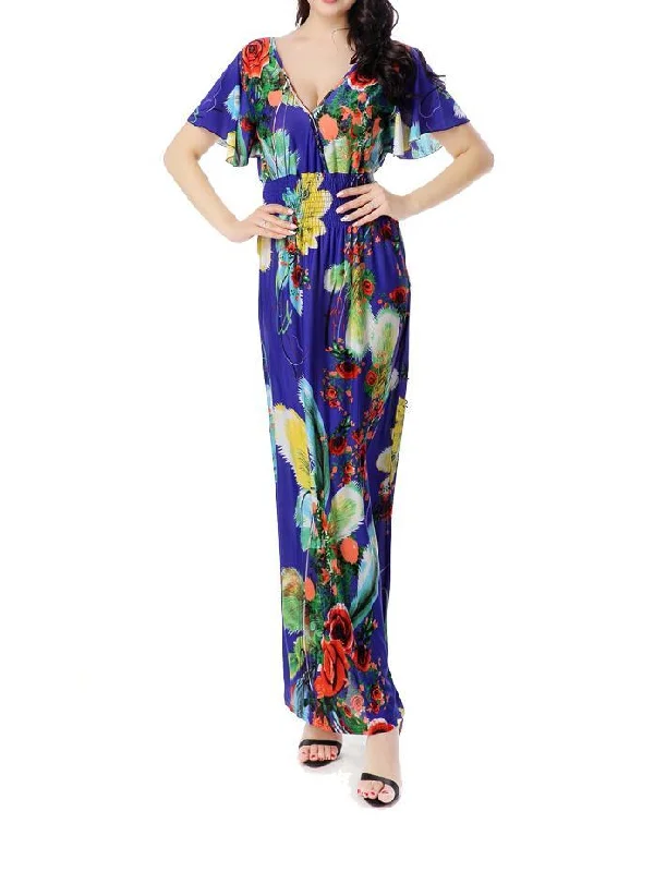 Printed V Neck Short Sleeve Summer Bohemia Maxi Dress Comfortable Casual Maxi Dress