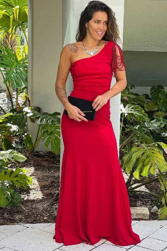 Red Beaded One Shoulder Maxi Dress Trendy Satin Maxi Dress