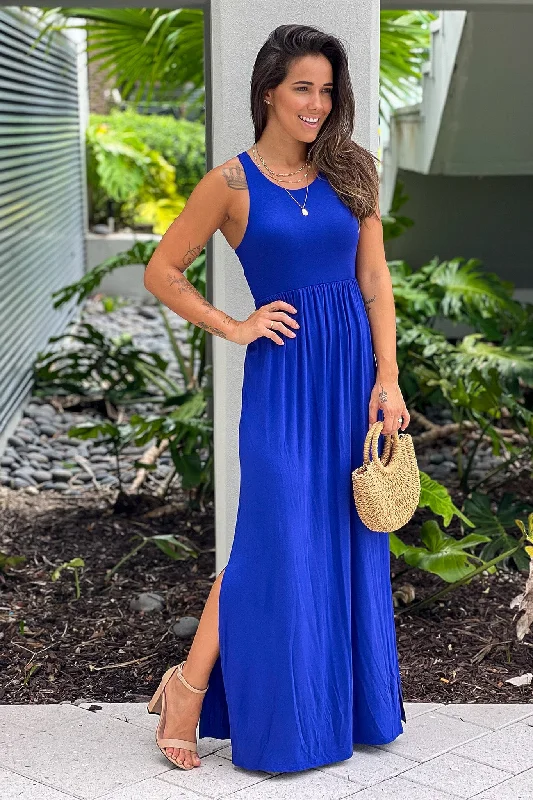 Royal Blue Racer Back Maxi Dress With Side Slit Cozy Cold-Shoulder Maxi Dress
