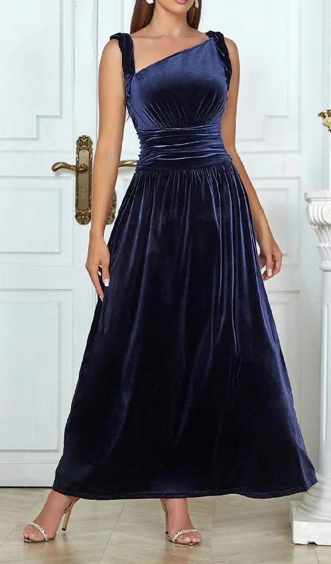 RUCHED WAIST VELVET MAXI DRESS Trendy Off-Shoulder Ruffle Maxi Dress