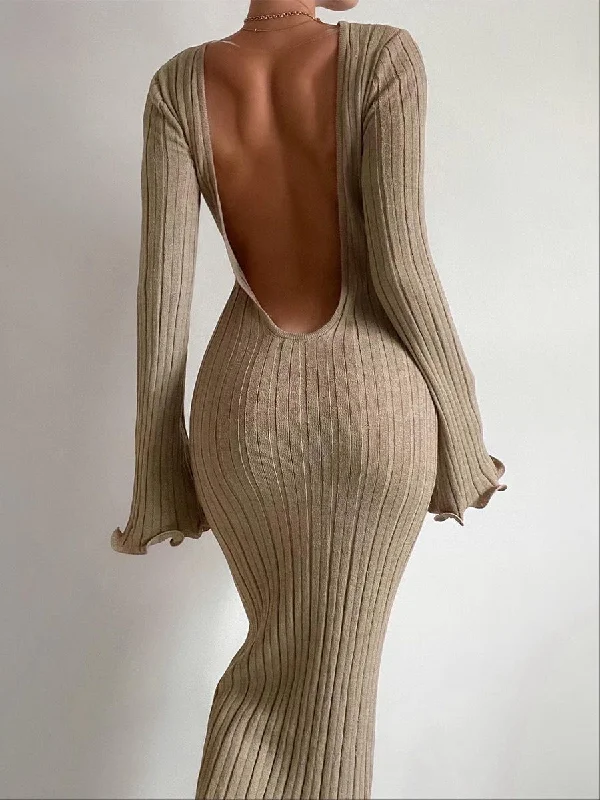 Ruffled Long Sleeve Knitted Maxi Dress Stylish Longline Maxi Dress