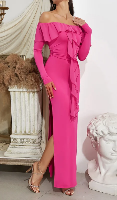 RUFFLED NECKLINE BACK HIGH SLIT MAXI DRESS Fashionable High-Waist Maxi Dress